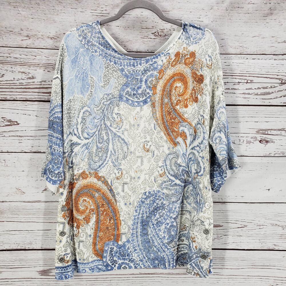 Chico's Women's Blue Orange Knit Paisley Side Button Pullover Top Size 1